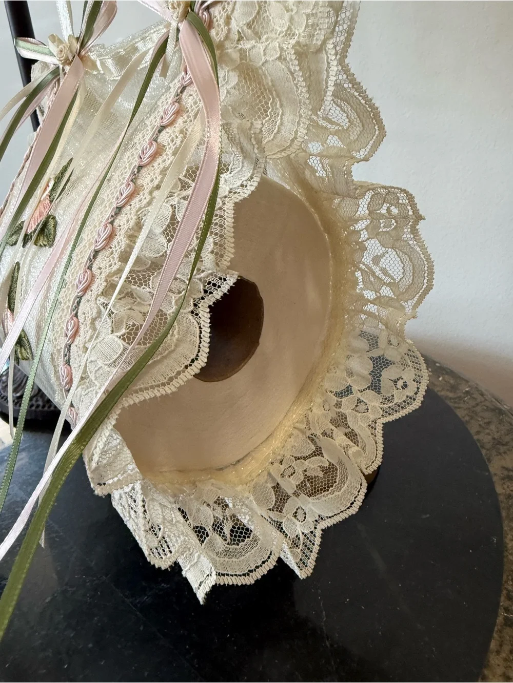 Hand Crafted Cream and Pink Floral Hand Towel & Spare Toilet Paper Holder